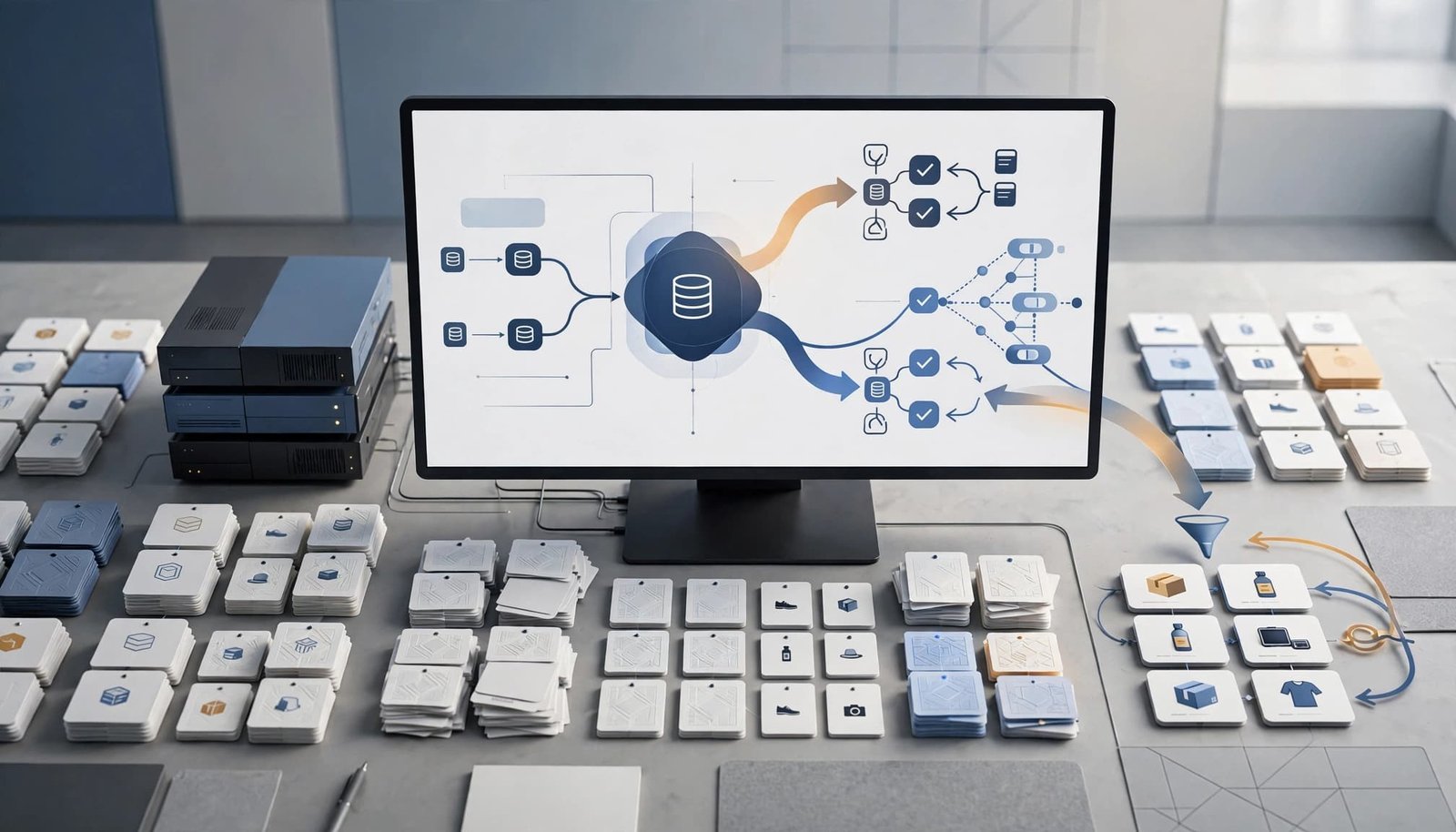 Product catalog cards connect search paths to relevant and redirected product results.