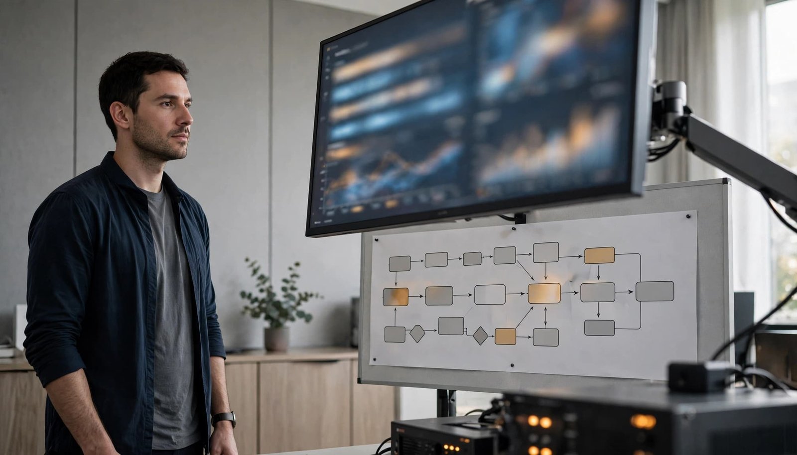 An engineer reviews blurred records beside a monitor and workflow diagram.