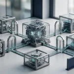 Layered software modules connect through security gates to a central reasoning core and stop barrier.