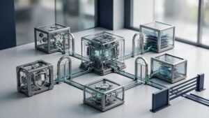 Layered software modules connect through security gates to a central reasoning core and stop barrier.