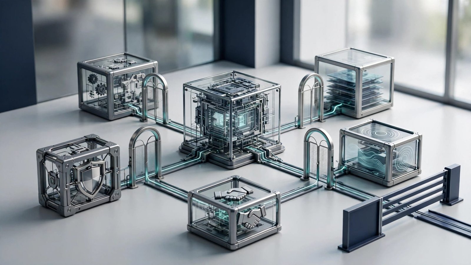 Layered software modules connect through security gates to a central reasoning core and stop barrier.