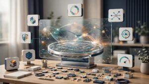 A glass dashboard surrounded by connected workflow indicators on a tidy operations desk.