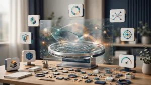 A glass dashboard surrounded by connected workflow indicators on a tidy operations desk.