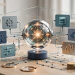 A modern desk with a glowing hub, workflow cards, branching paths, tokens, and cost gauges.