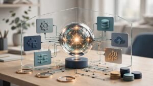A modern desk with a glowing hub, workflow cards, branching paths, tokens, and cost gauges.
