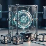 A glowing digital node behind glass connects to service panels and locked credential compartments.
