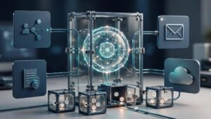 A glowing digital node behind glass connects to service panels and locked credential compartments.