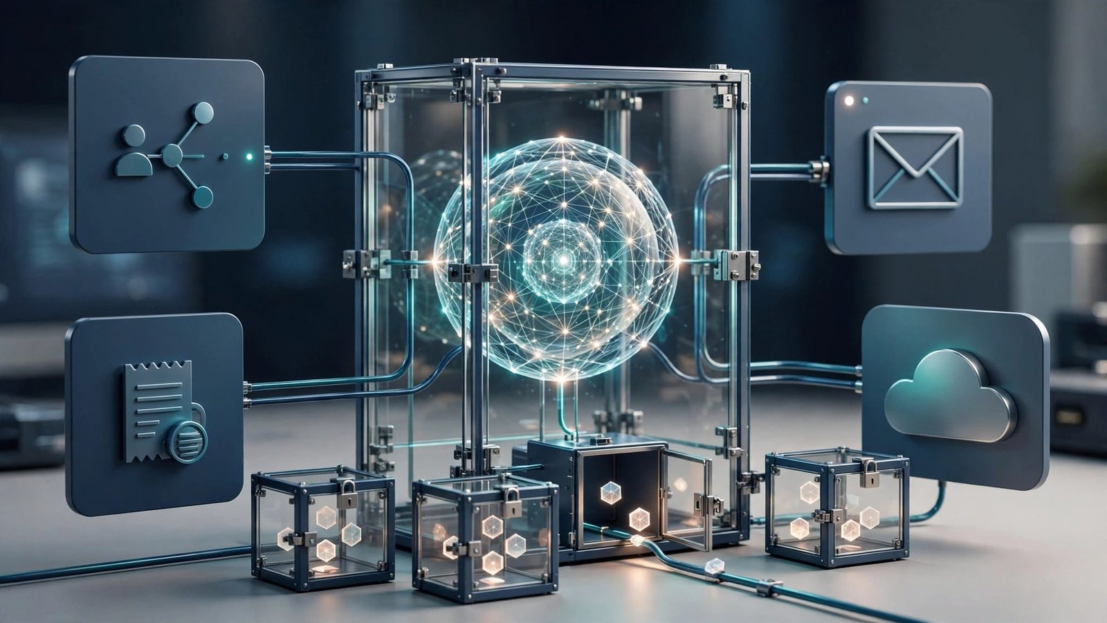 A glowing digital node behind glass connects to service panels and locked credential compartments.