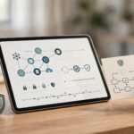 A hand reviews a workflow card beside a tablet and shield motif.