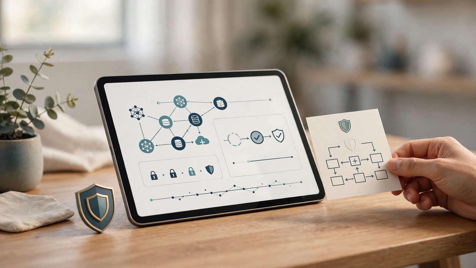 A hand reviews a workflow card beside a tablet and shield motif.