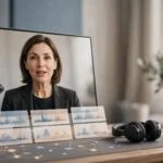 Monitor showing a presenter beside multilingual audio waveforms, a microphone, and headphones.