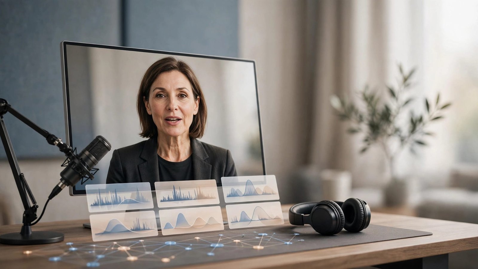 Monitor showing a presenter beside multilingual audio waveforms, a microphone, and headphones.