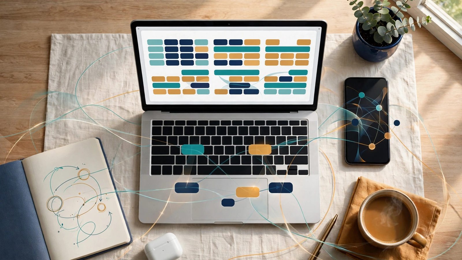 Laptop calendar beside a phone, notebook, and coffee on a modern desk.
