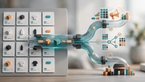 Product cards and packages flow through a catalog optimization pathway toward multiple sales channels.