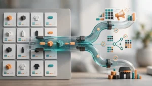 Product cards and packages flow through a catalog optimization pathway toward multiple sales channels.