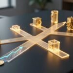 Six glowing paths lead toward separate vaults beyond coins and rising charts.