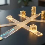 Six glowing paths lead toward separate vaults beyond coins and rising charts.