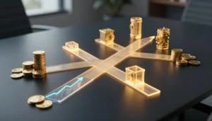 Six glowing paths lead toward separate vaults beyond coins and rising charts.