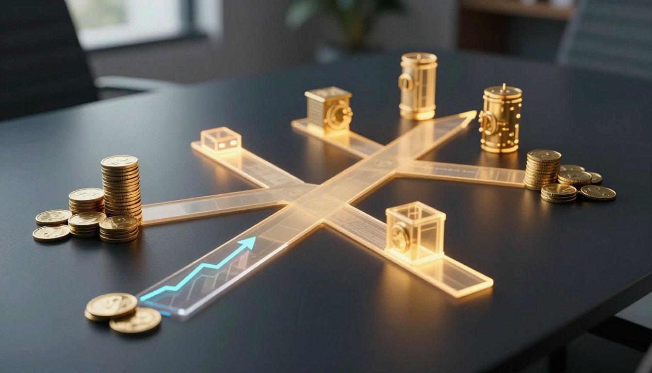 Six glowing paths lead toward separate vaults beyond coins and rising charts.