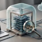 A protected server gateway connects a laptop, cloud, lock, database, and tools.