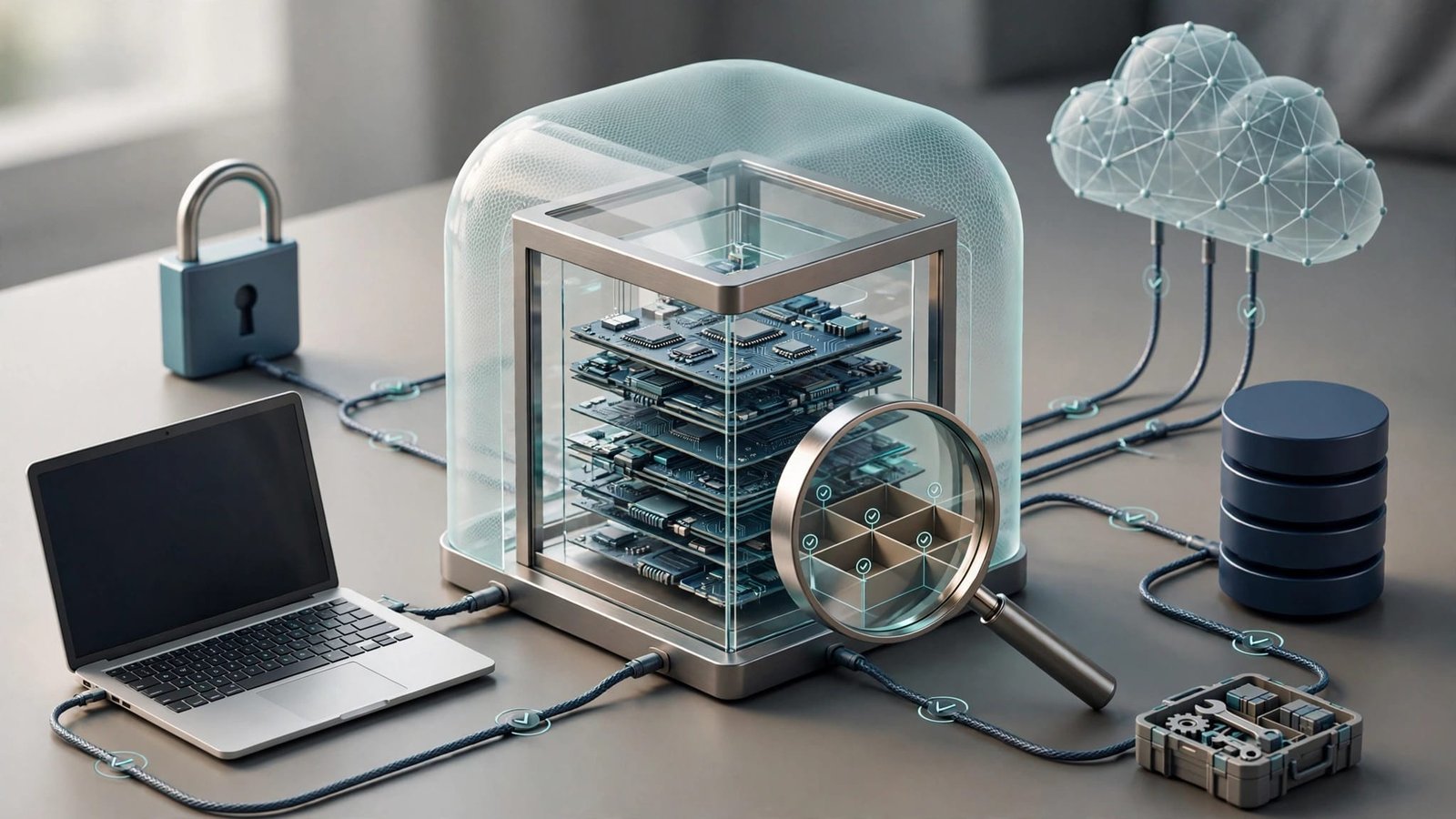 A protected server gateway connects a laptop, cloud, lock, database, and tools.