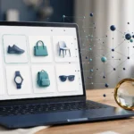 How to optimize ecommerce internal search with AI 1 Laptop showing product cards, search filters, and connected catalog icons.