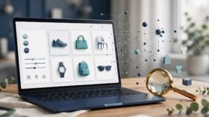 Laptop showing product cards, search filters, and connected catalog icons.