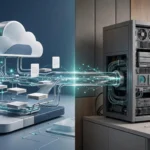 Split view of cloud retrieval infrastructure and a maintained on-premise server rack.