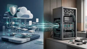 Split view of cloud retrieval infrastructure and a maintained on-premise server rack.