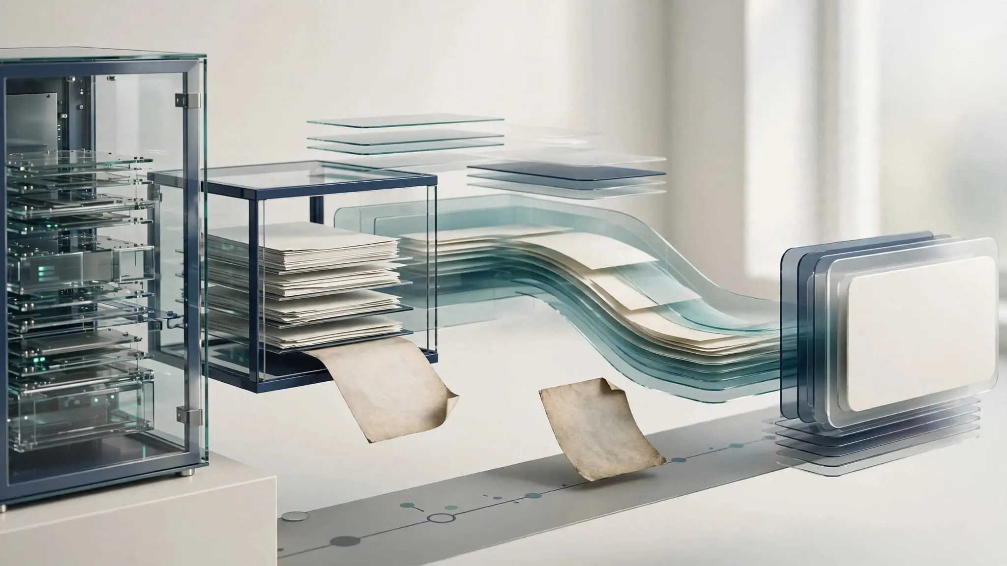 A glass server feeds a retrieval interface, with one outdated document separated from refreshed files.