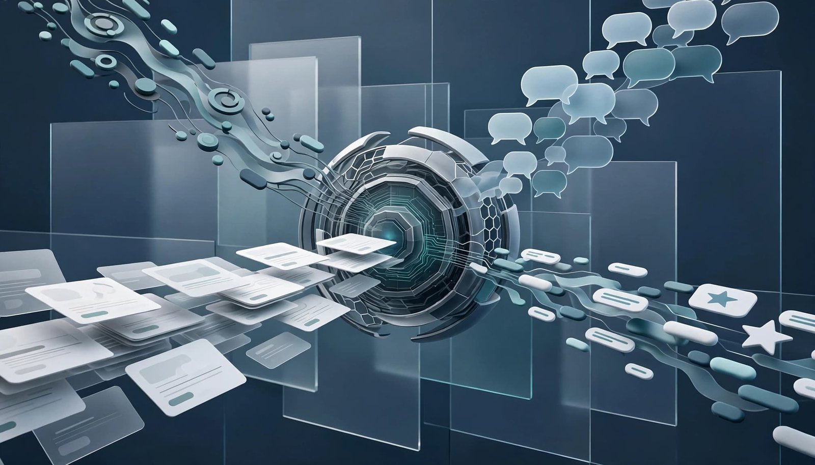 Feedback cards and conversation bubbles flow into a central analytics core.