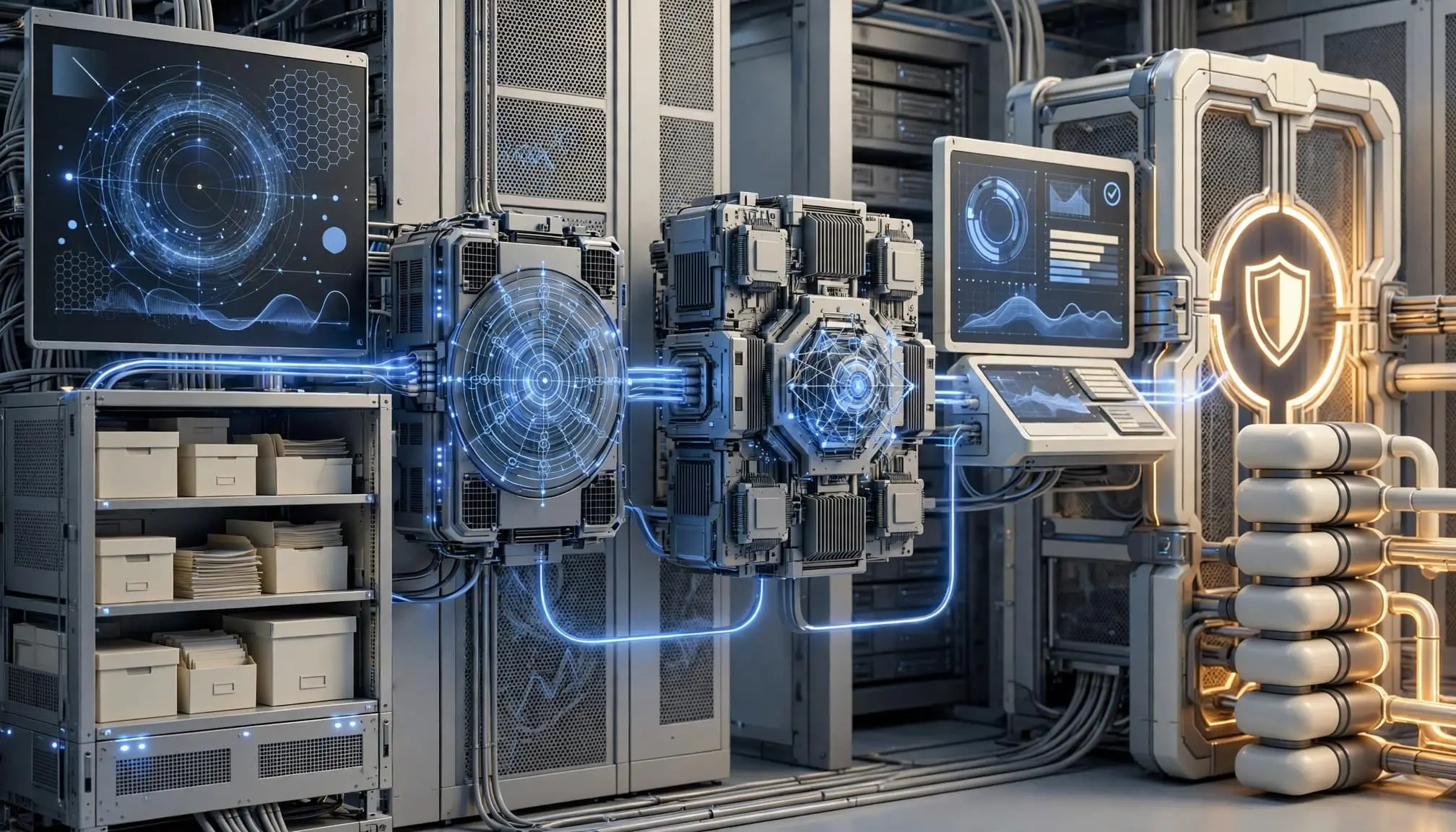 A staged data workflow with document storage, retrieval, review, and an approval gate.