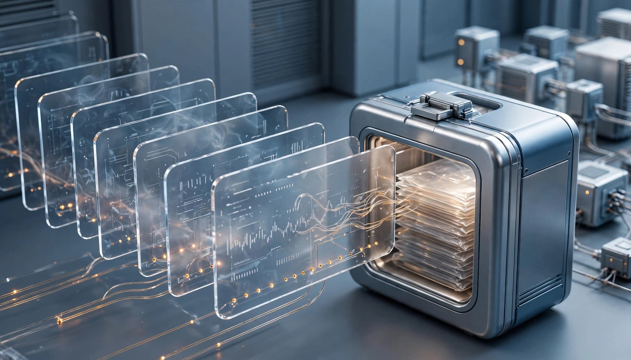Translucent cards flow toward a sealed archive beside subtle cloud nodes.