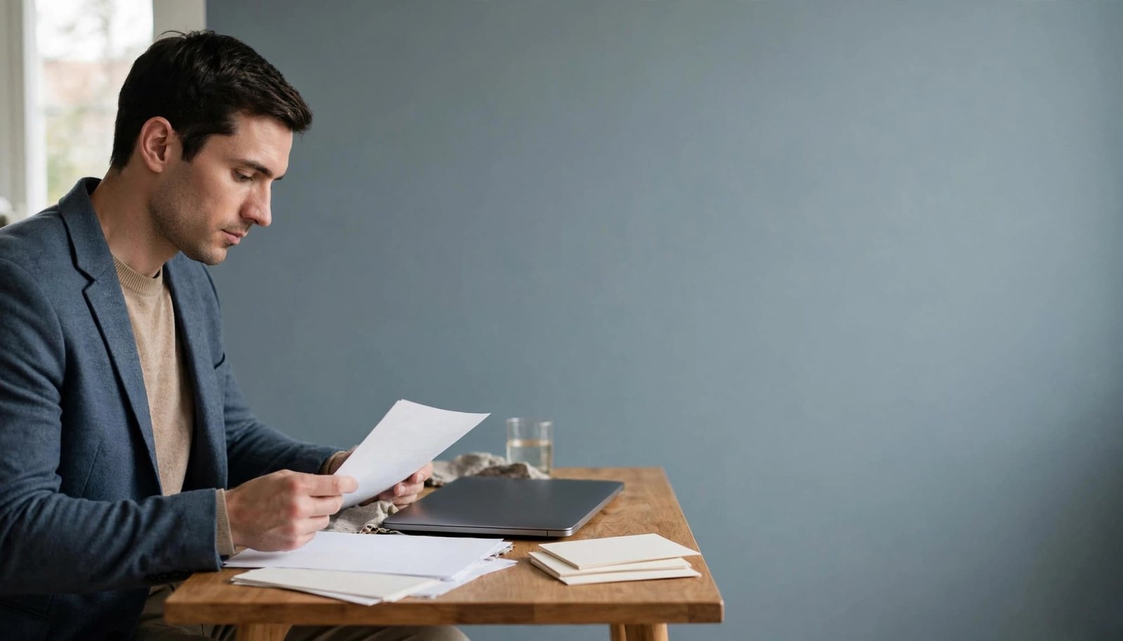 A candidate reviews notes and a resume at a small table.