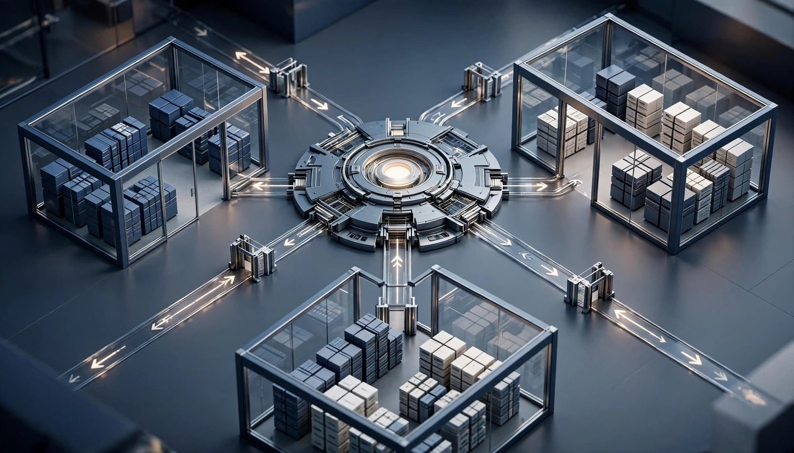 Three separate glass workspaces connect through a central authorization gateway.