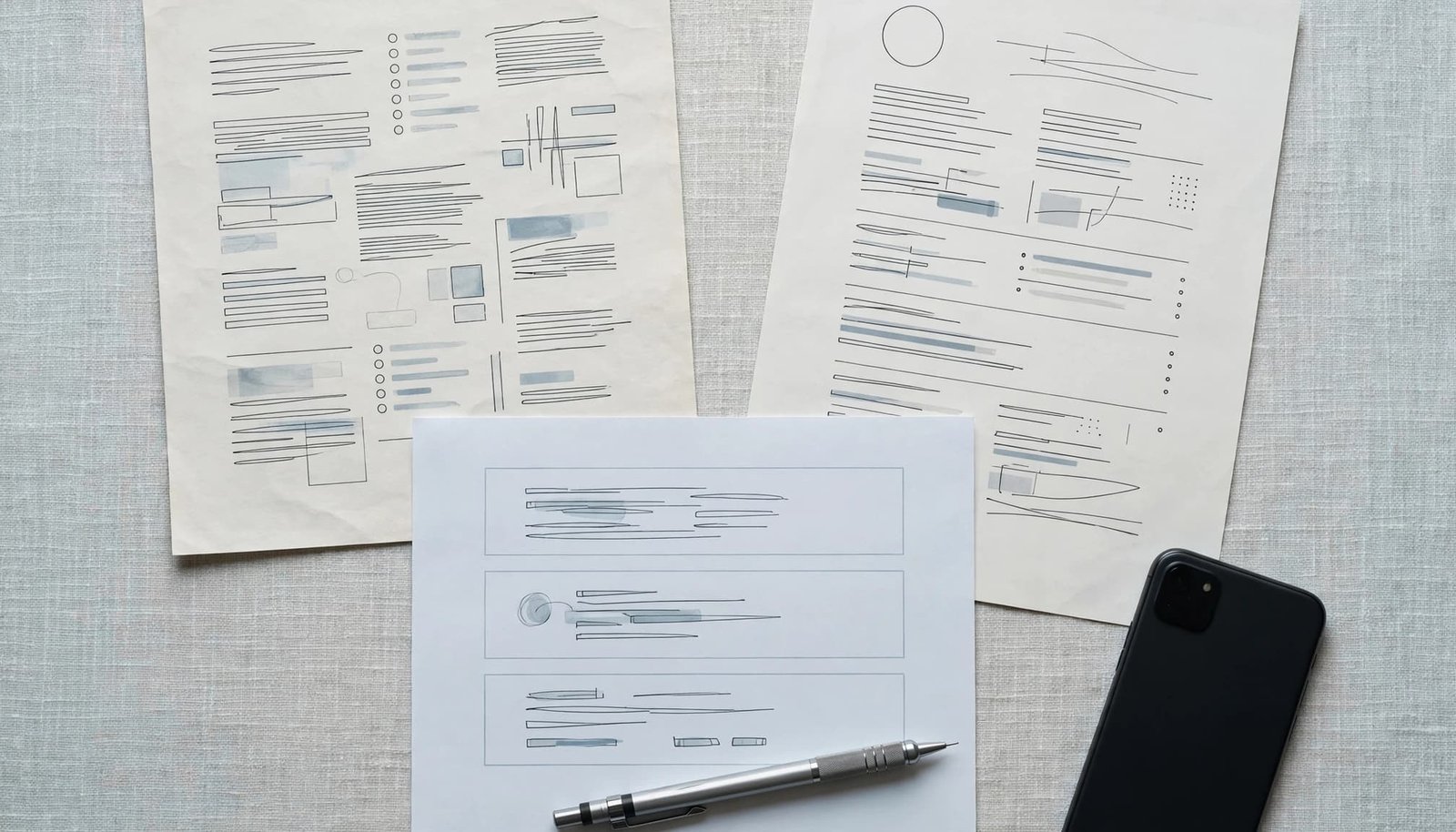 A job description, resume, and three-part interview answer outline sit on an office table.