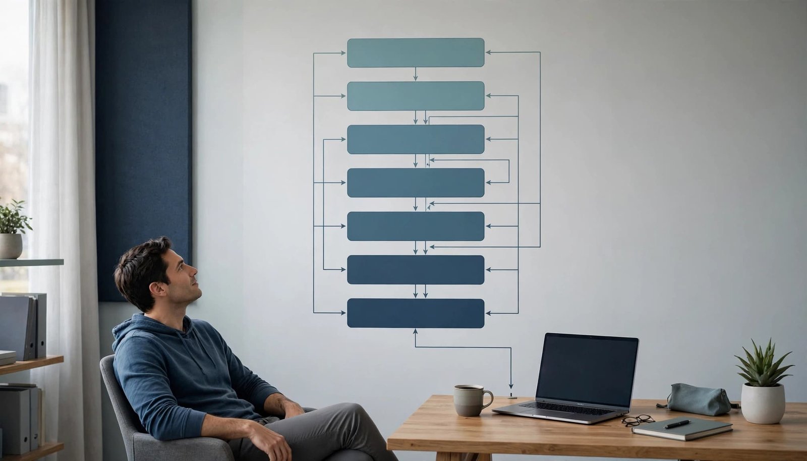 A person views a layered software architecture diagram beside one laptop.