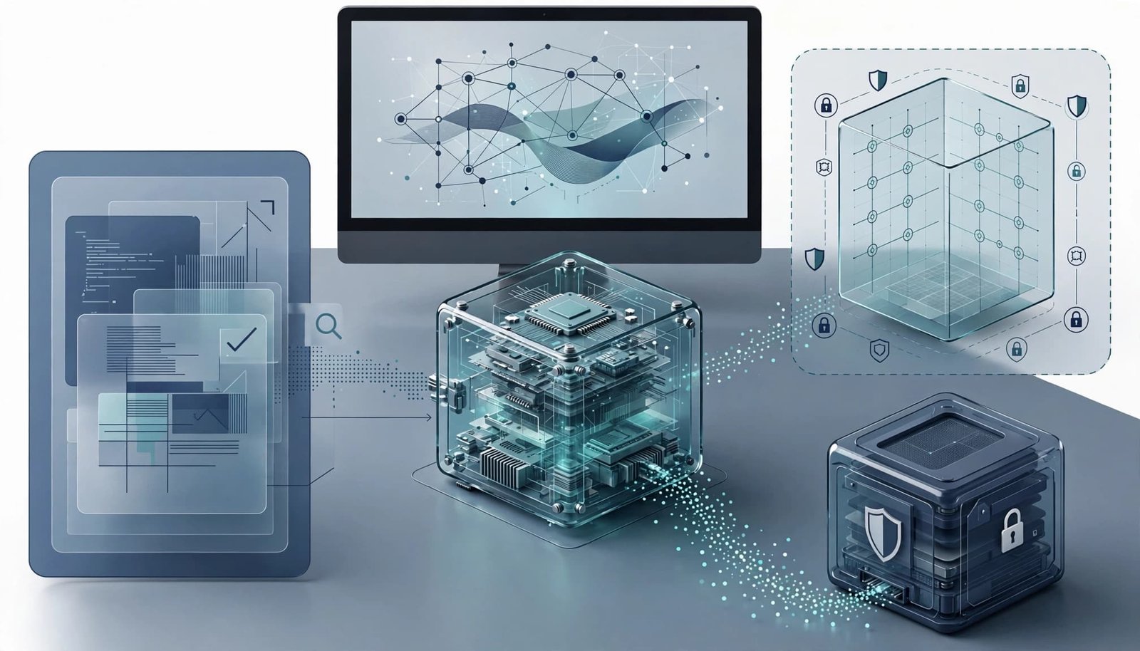 A central server diagram shows code review, sandbox testing, and protected audit logging.