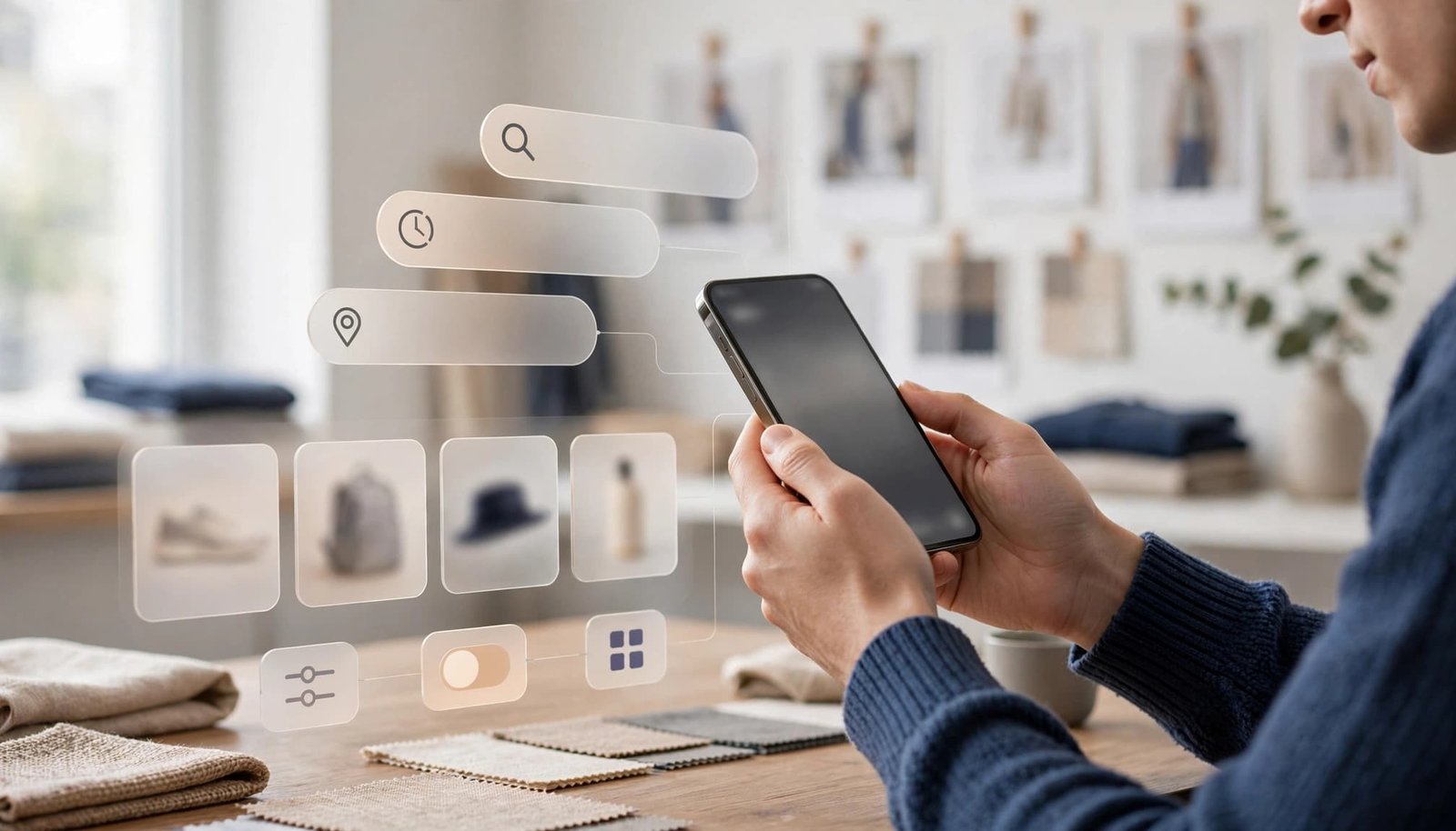 Shopper holding a phone with visual search suggestions and product filters nearby.