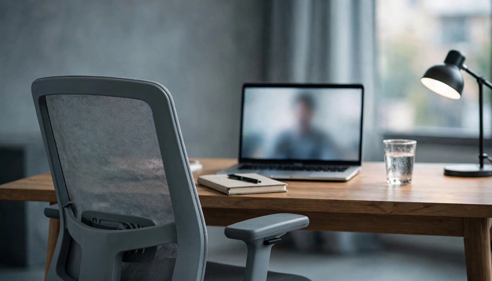 An empty chair faces a laptop beside a notebook and water glass.