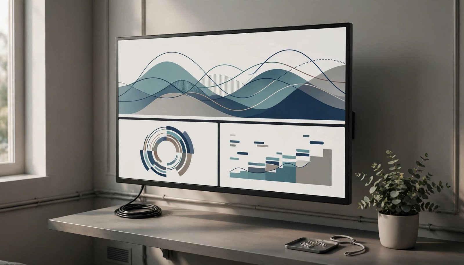 A wide monitor displays abstract charts in a tidy, softly lit IT nook.