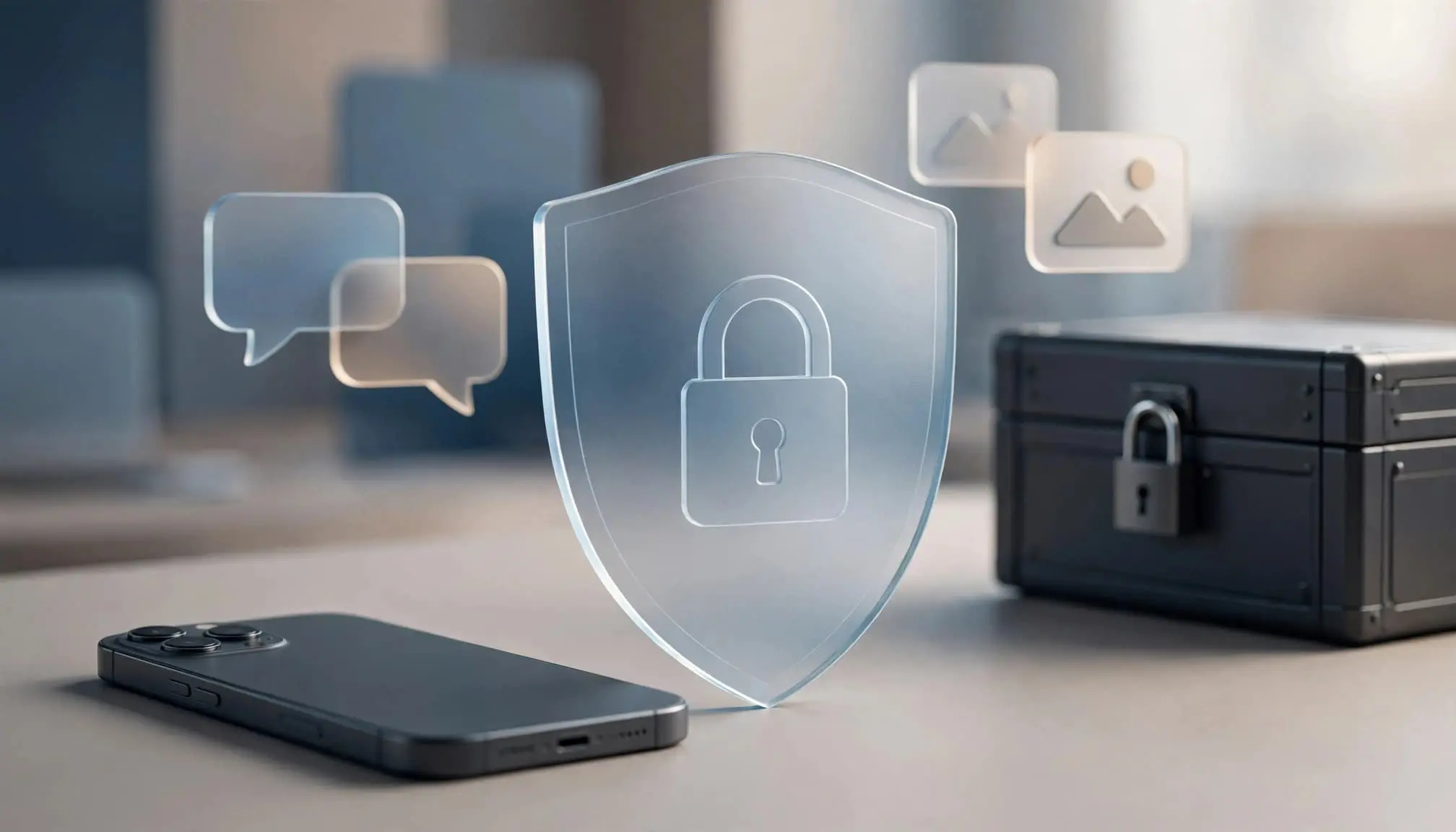 A smartphone beside a translucent privacy shield and locked data archive.