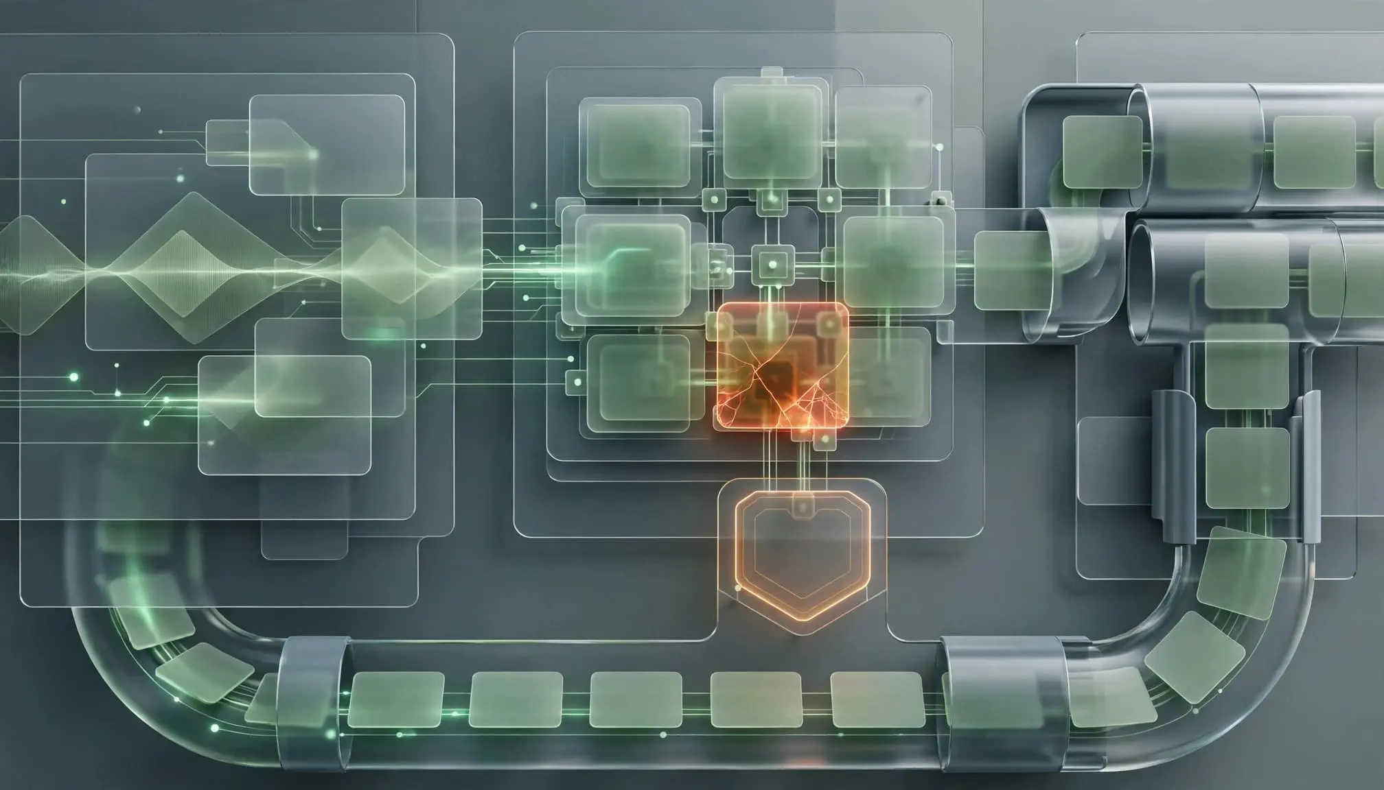 Transparent panels connect a monitoring signal, test suite, highlighted failure card, and deployment pipeline.