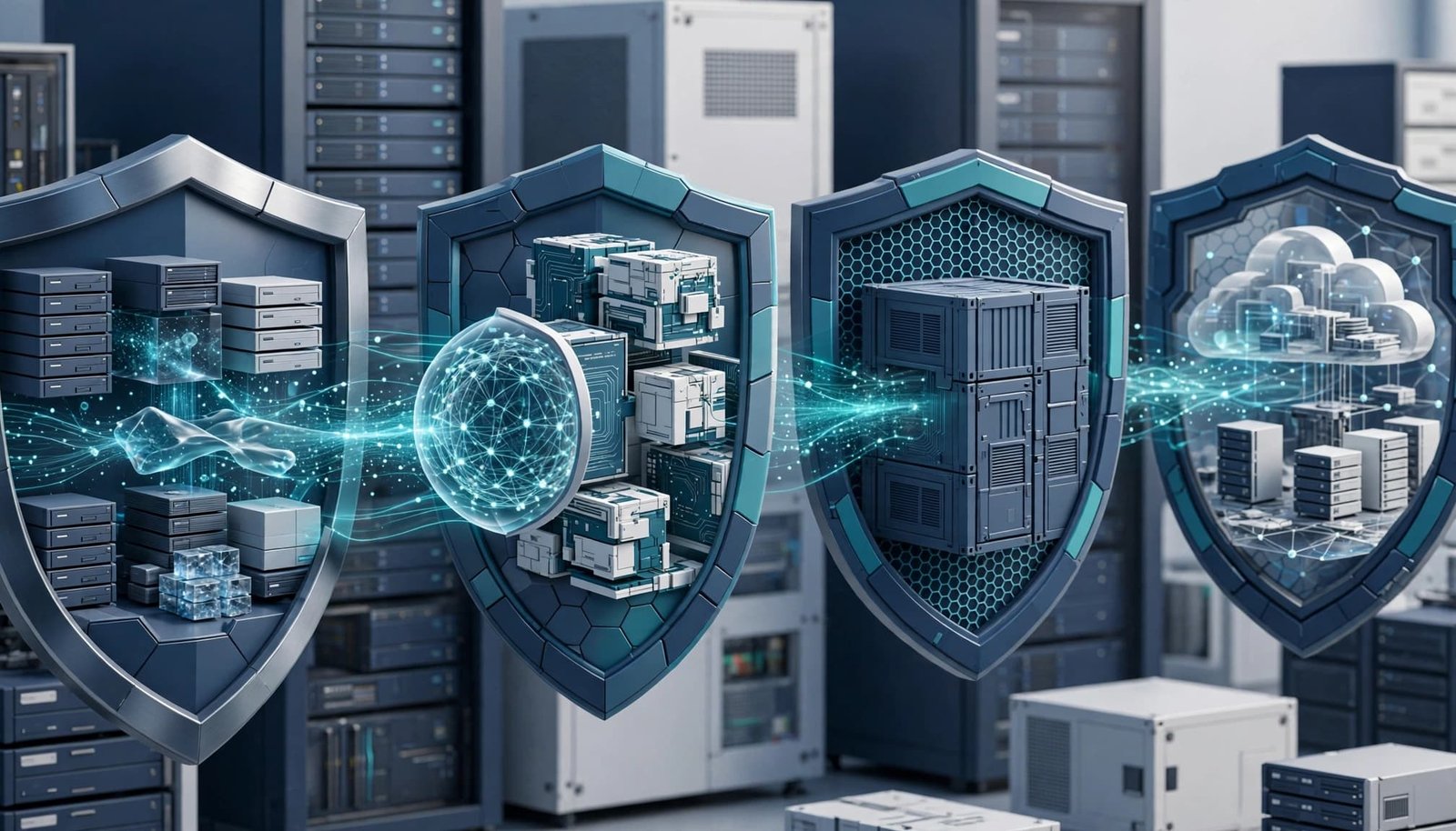 A protected model passes through data, code, container, and cloud security checkpoints.