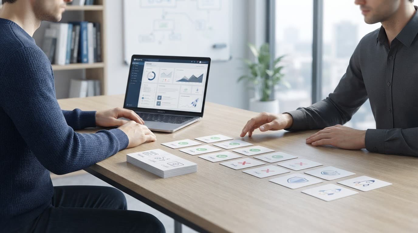 Two coworkers review test cards beside a laptop and shield symbol.