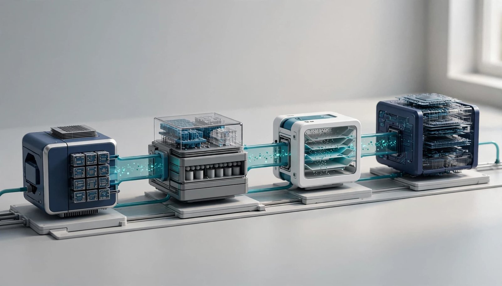 Miniature RAG system with four connected processing stages on a studio table.