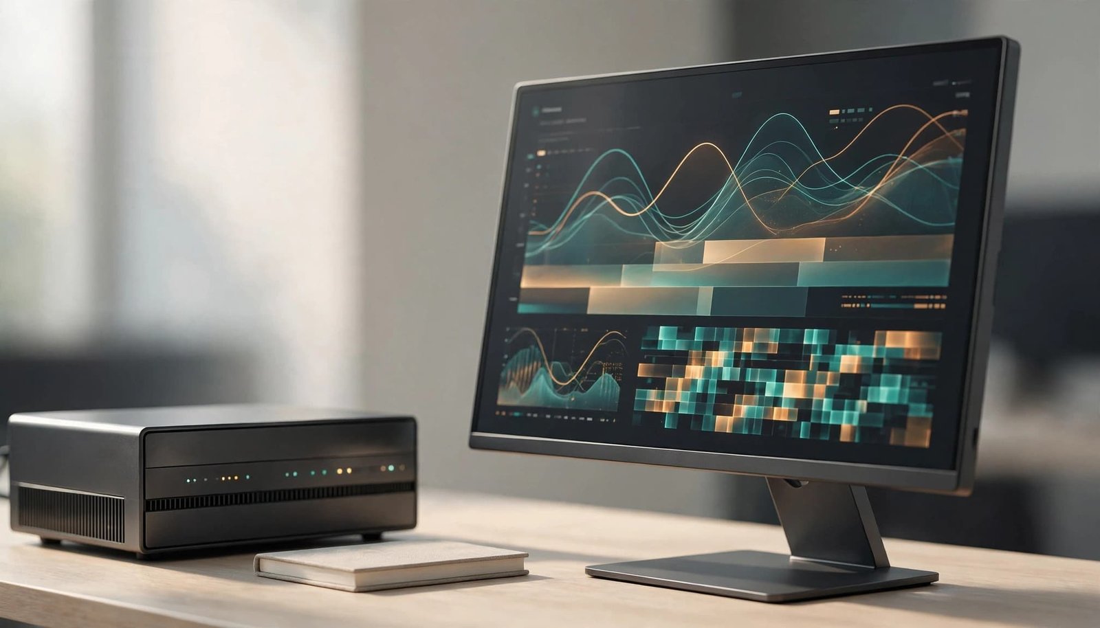 Monitor showing abstract latency patterns beside a compact server and notebook.