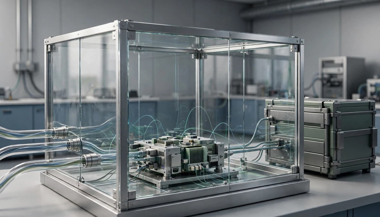 A server runs inside a glass sandbox with controlled inputs and monitored system events.