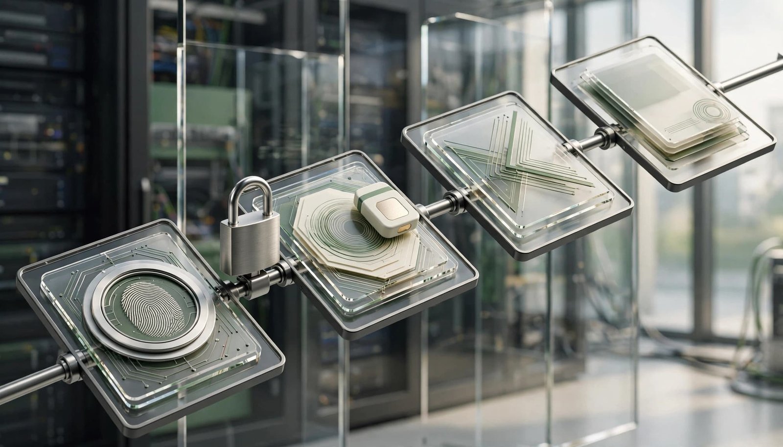 Glass event cards trace approved API actions beside a lock and access token.