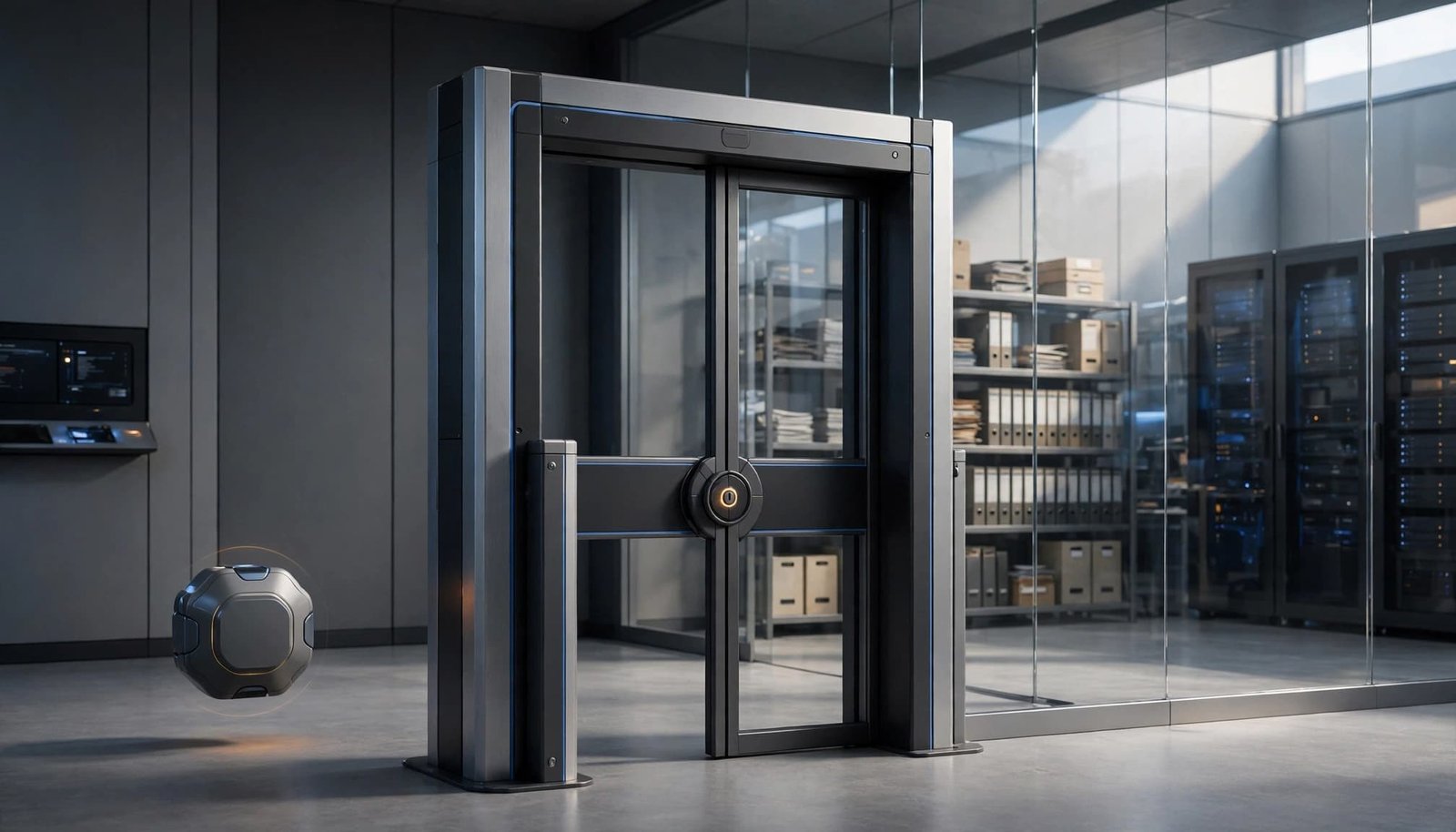A service node approaches a locked gateway protecting customer records.